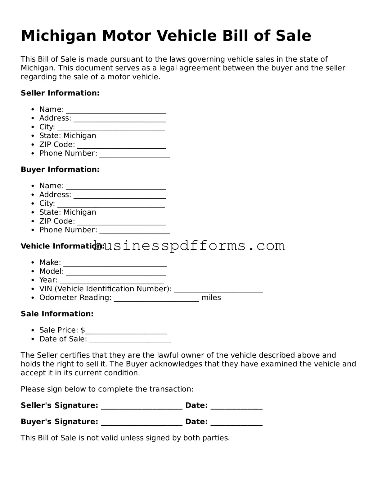 Free Michigan Motor Vehicle Bill of Sale Template