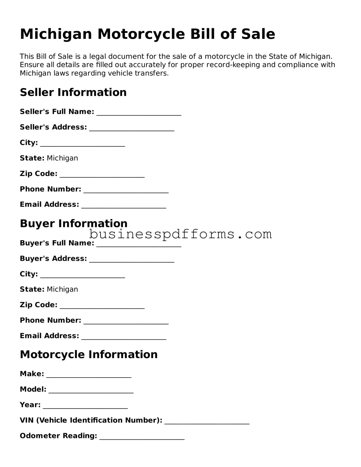 Free Michigan Motorcycle Bill of Sale Template