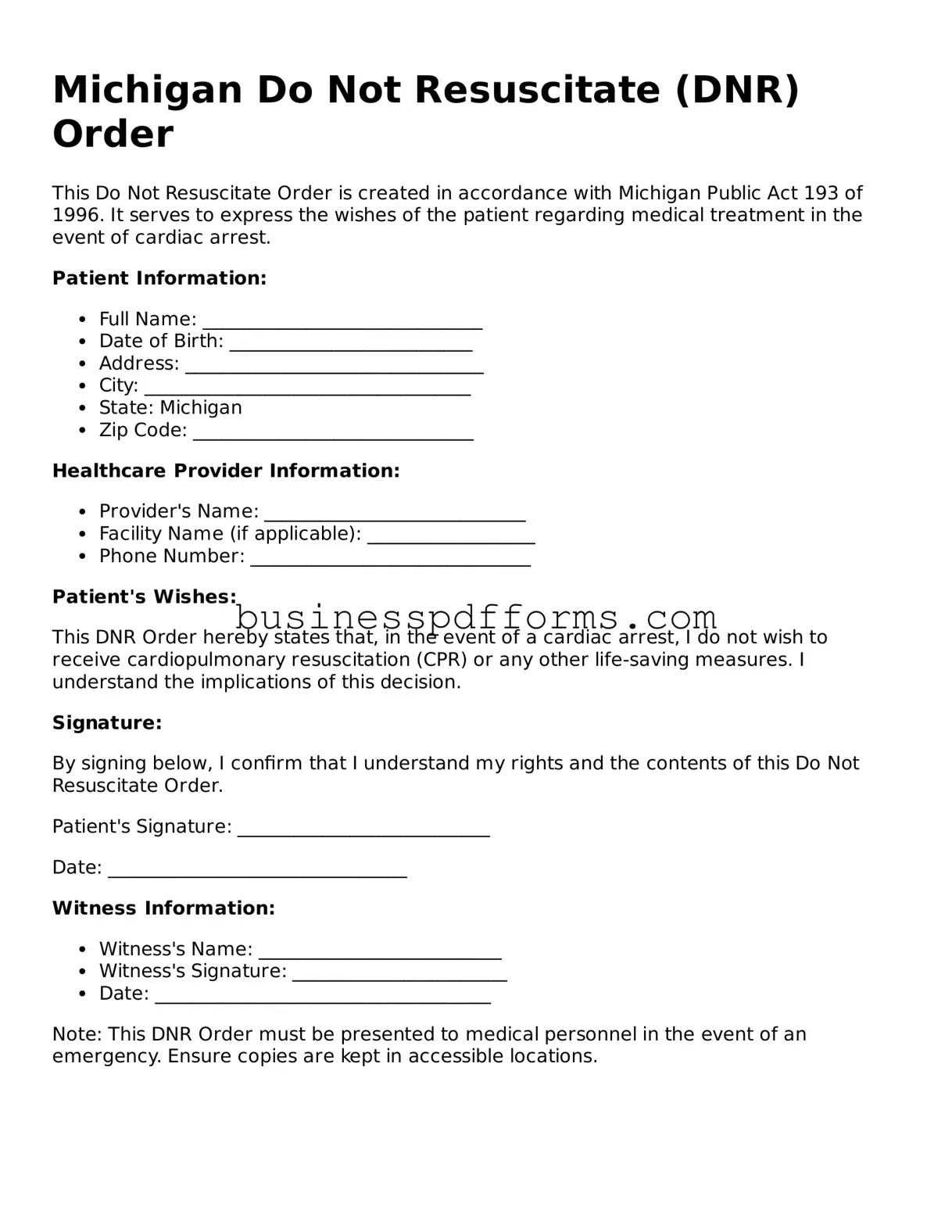 Free Michigan Do Not Resuscitate Order Template