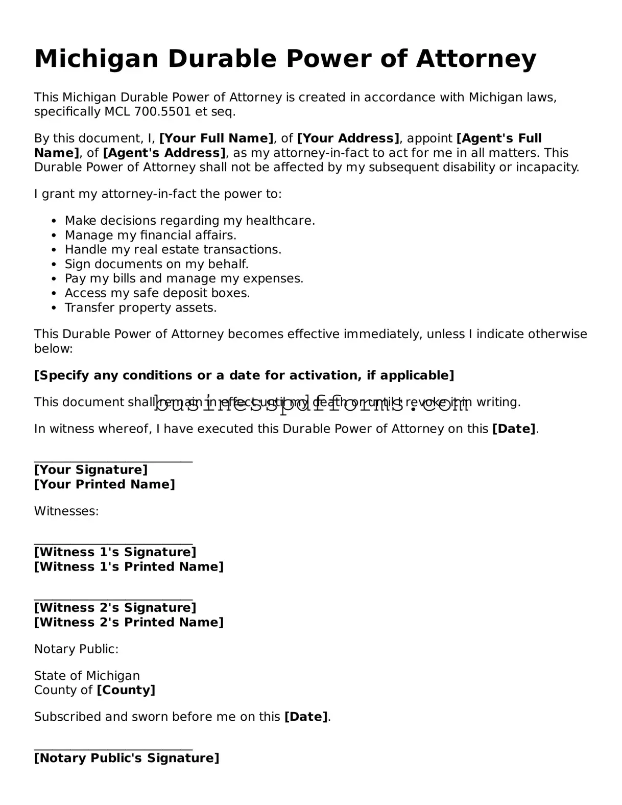 Free Michigan Durable Power of Attorney Template
