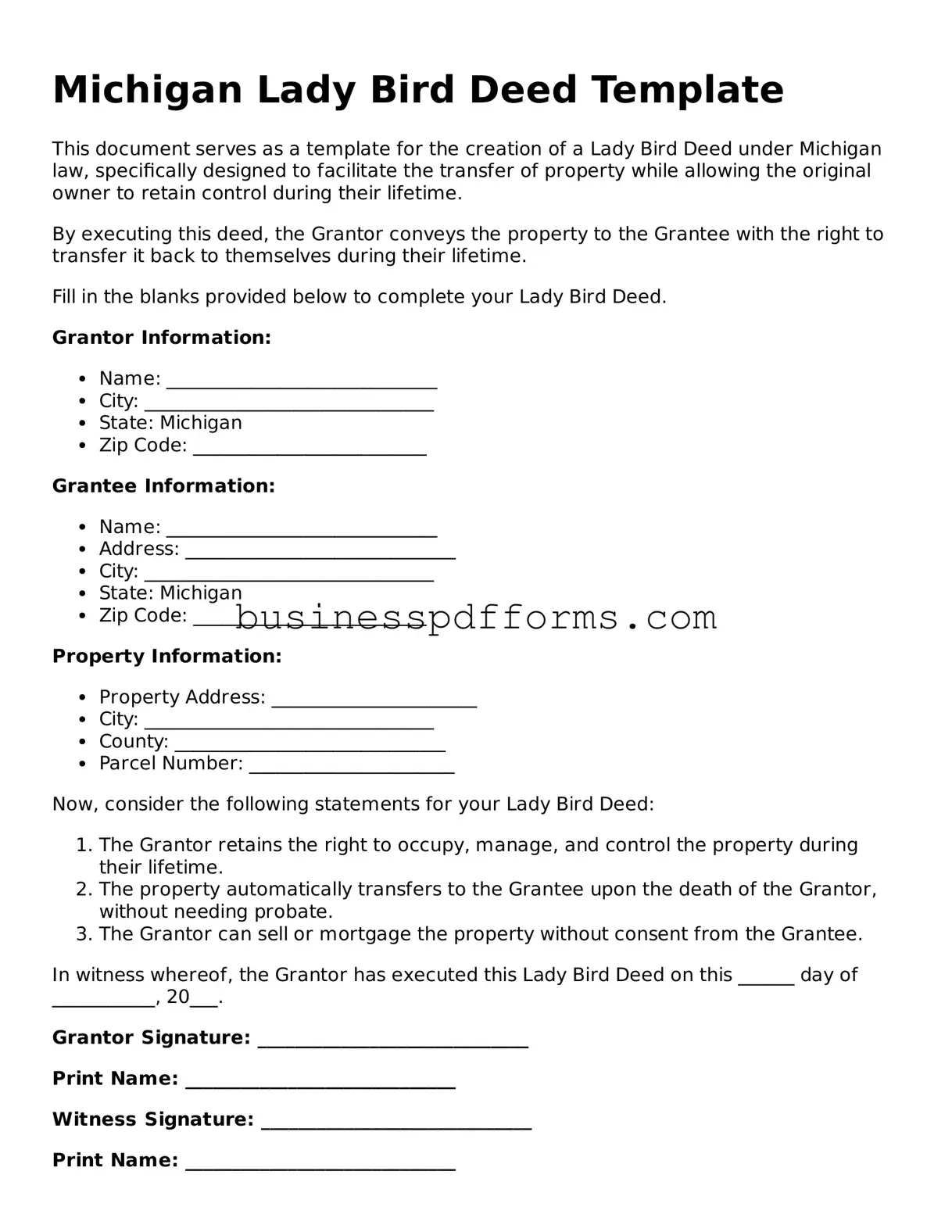 Free Michigan Lady Bird Deed Template
