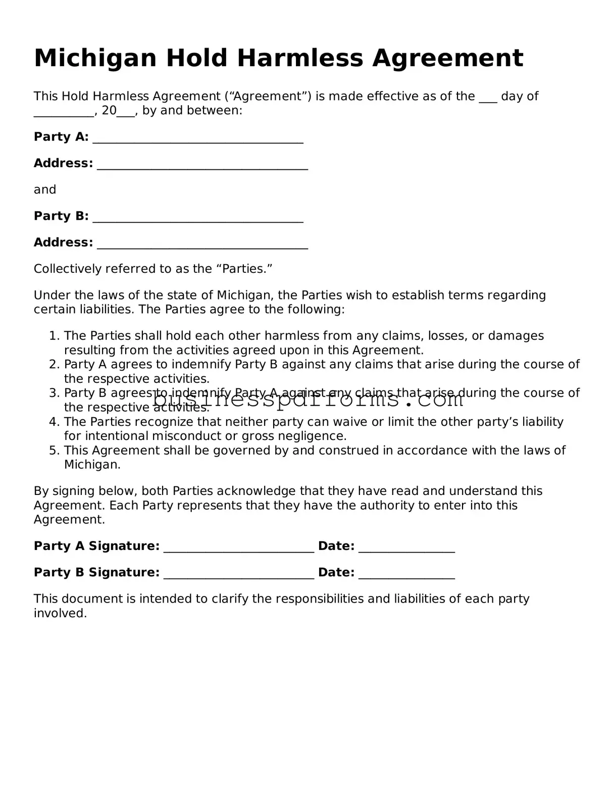 Free Michigan Hold Harmless Agreement Template
