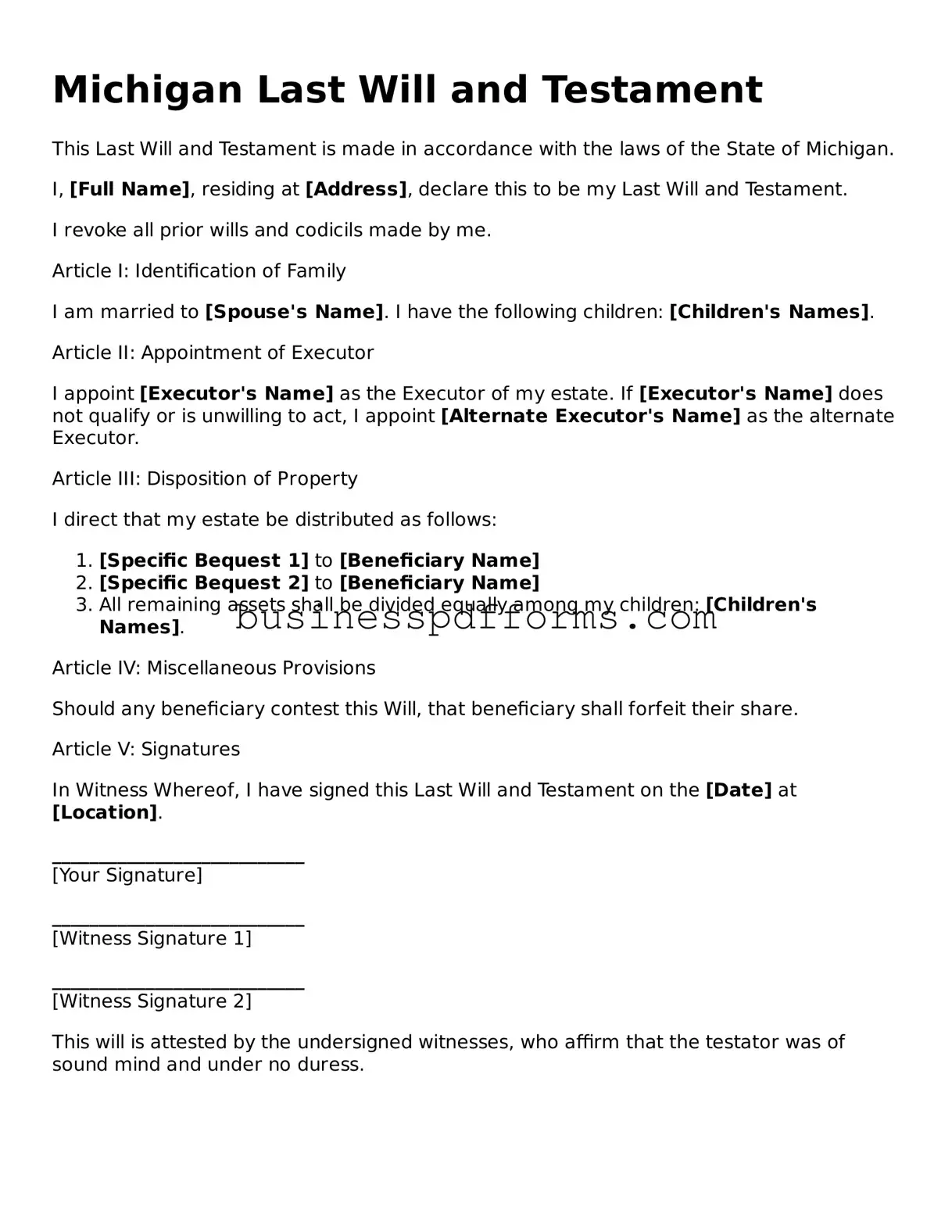 Free Michigan Last Will and Testament Template