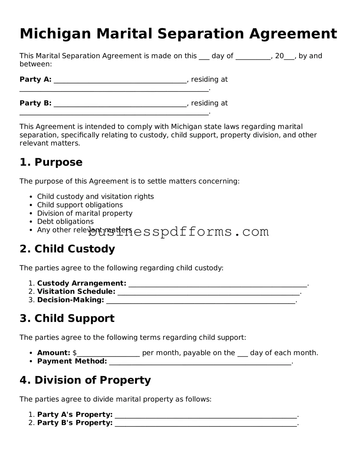 Free Michigan Marital Separation Agreement Template