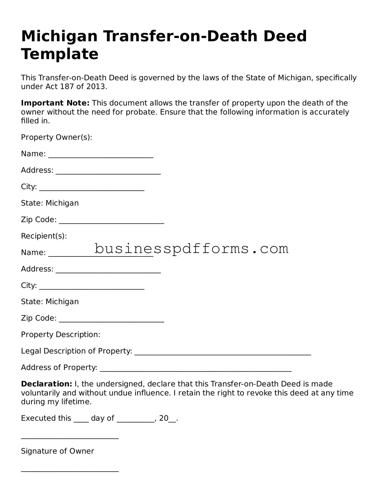 Free Michigan Transfer-on-Death Deed Template