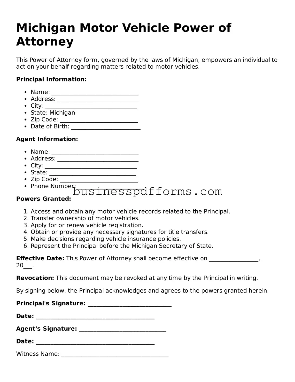 Free Michigan Motor Vehicle Power of Attorney Template