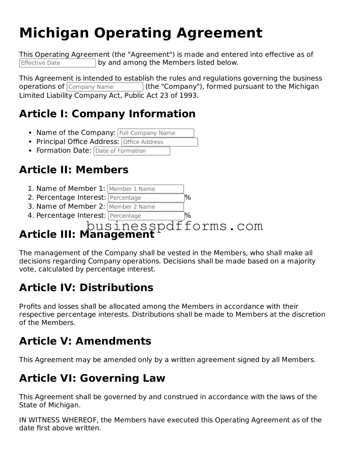 Free Michigan Operating Agreement Template
