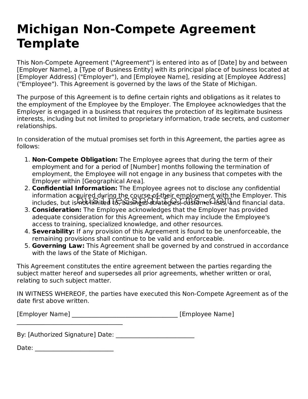 Free Michigan Non-compete Agreement Template