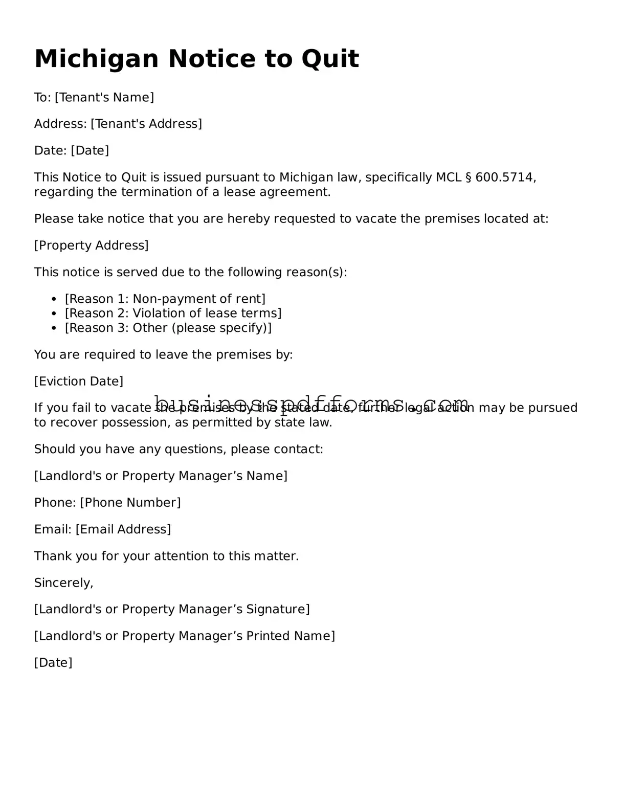 Free Michigan Notice to Quit Template