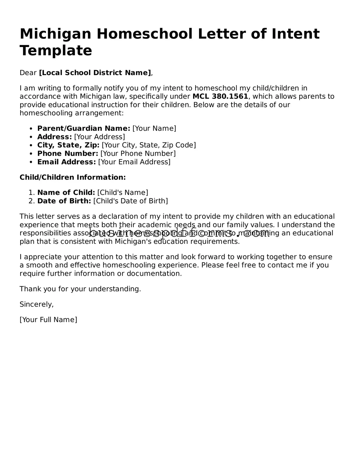 Free Michigan Homeschool Letter of Intent Template