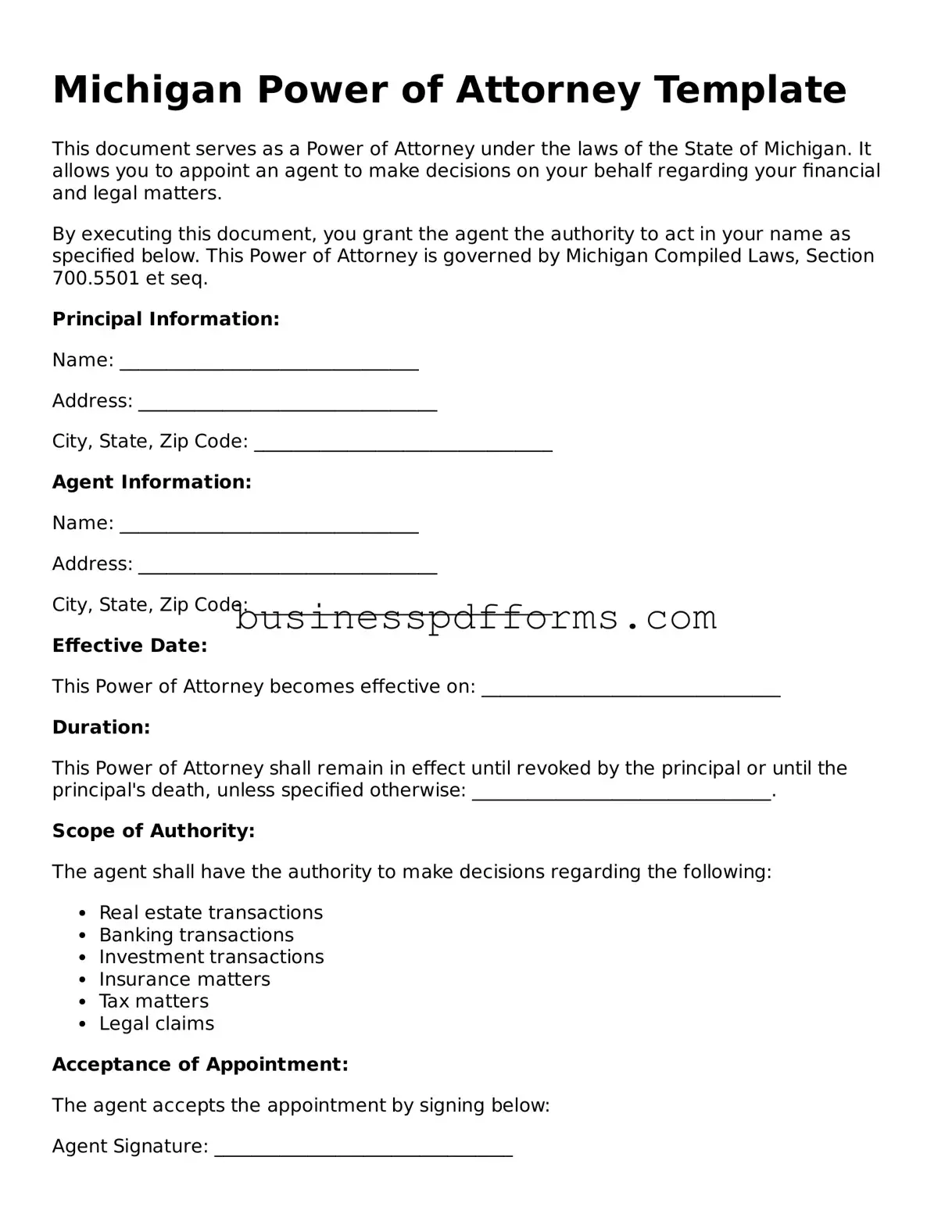 Free Michigan Power of Attorney Template
