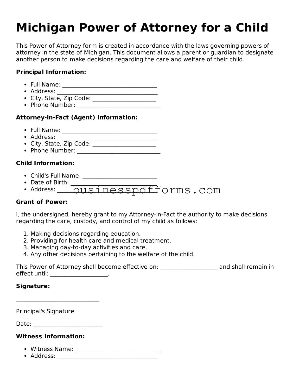 Free Michigan Power of Attorney for a Child Template