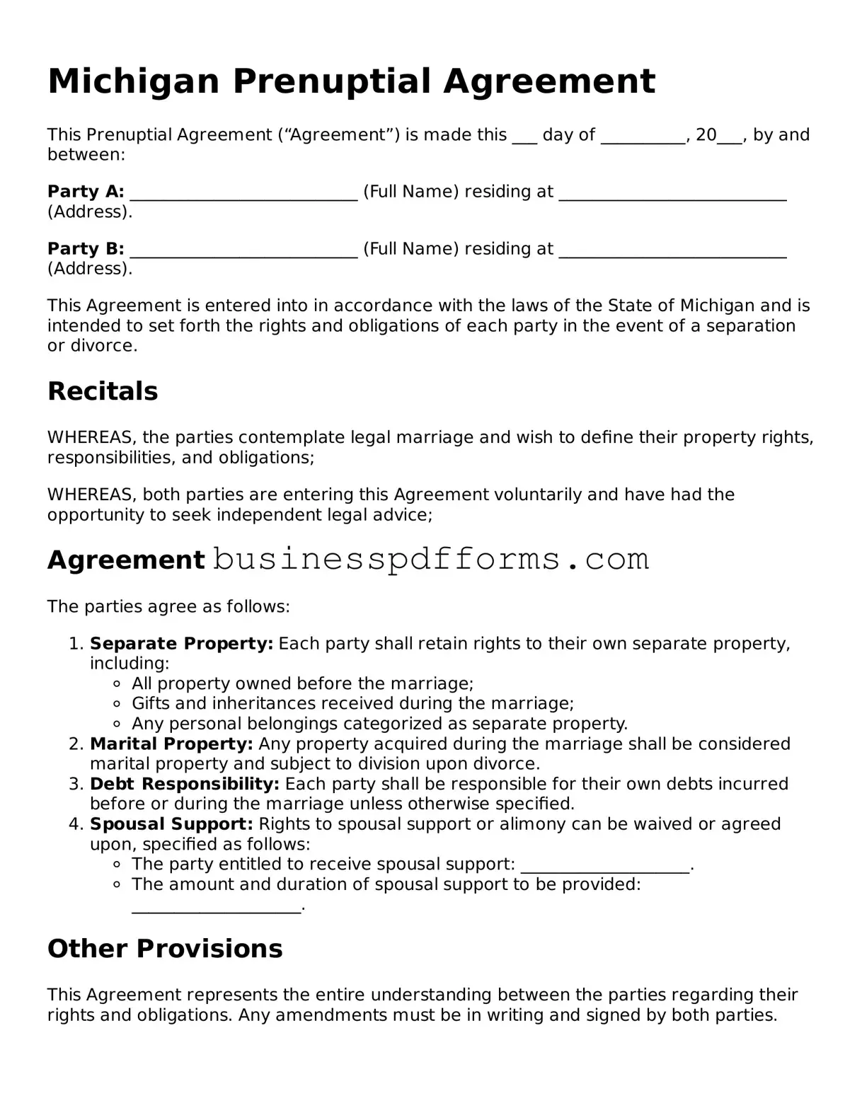 Free Michigan Prenuptial Agreement Template