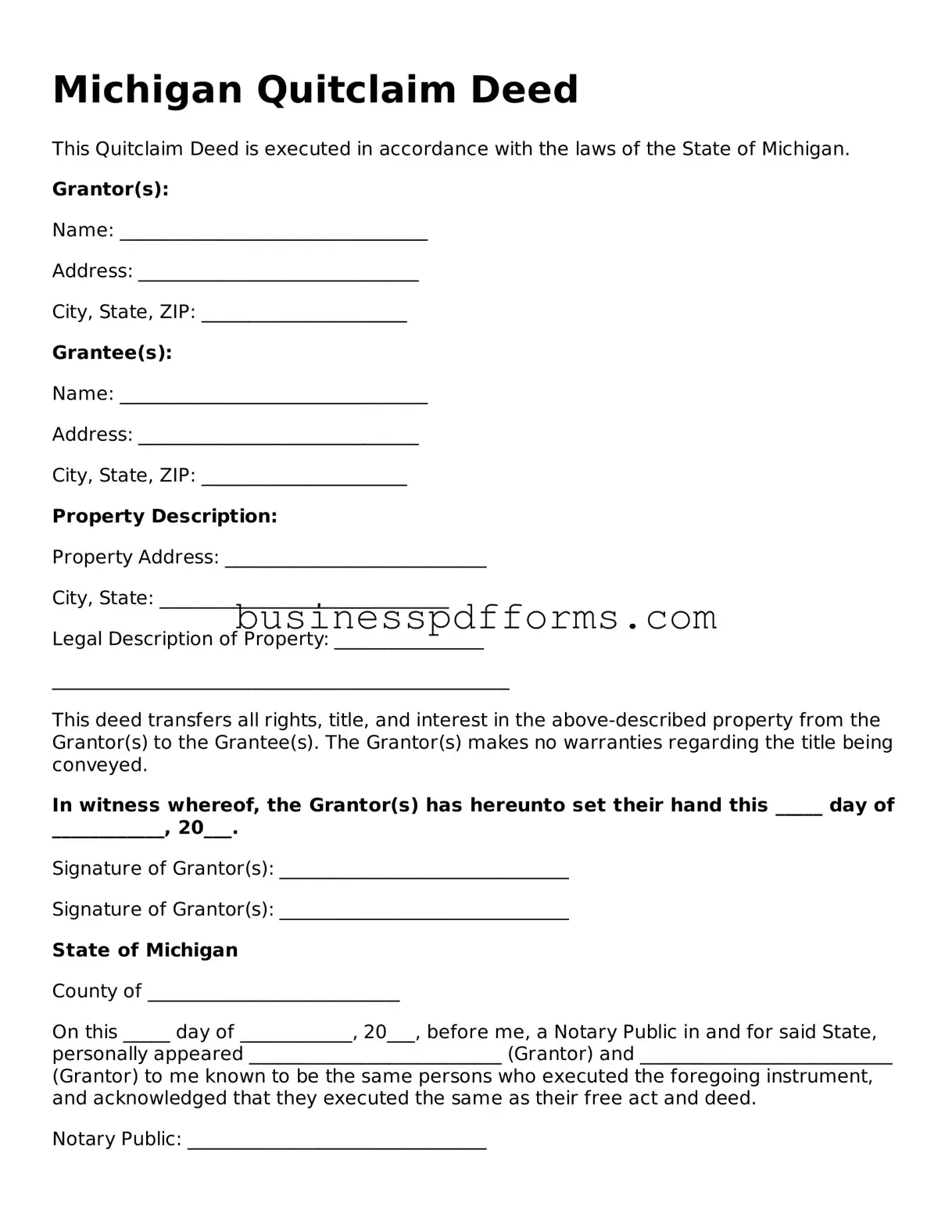 Free Michigan Quitclaim Deed Template