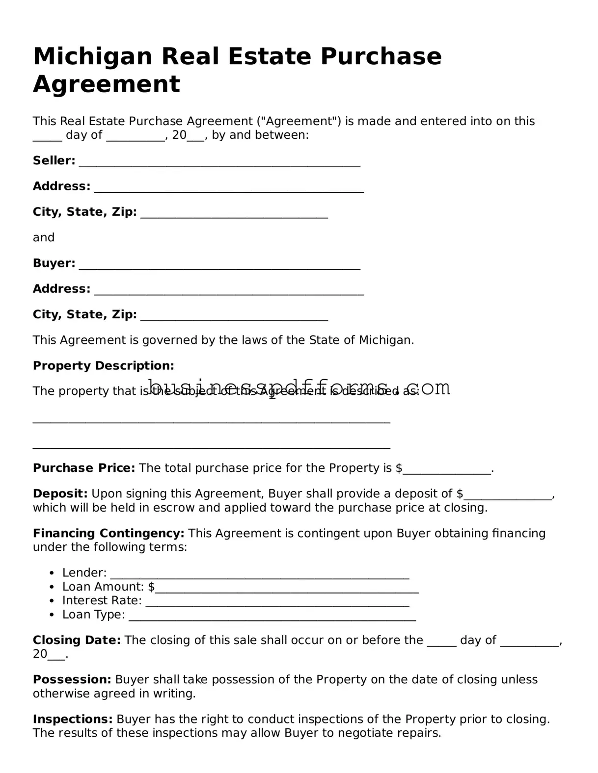 Free Michigan Real Estate Purchase Agreement Template
