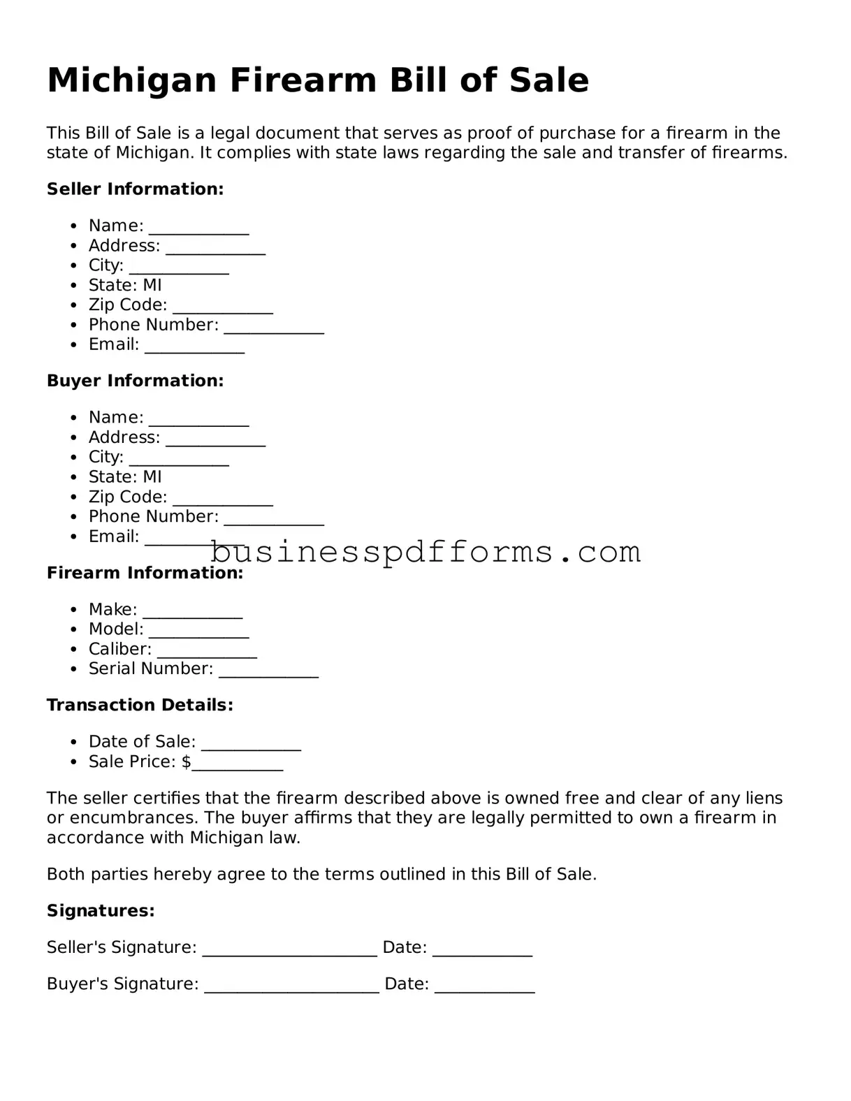 Free Michigan Firearm Bill of Sale Template