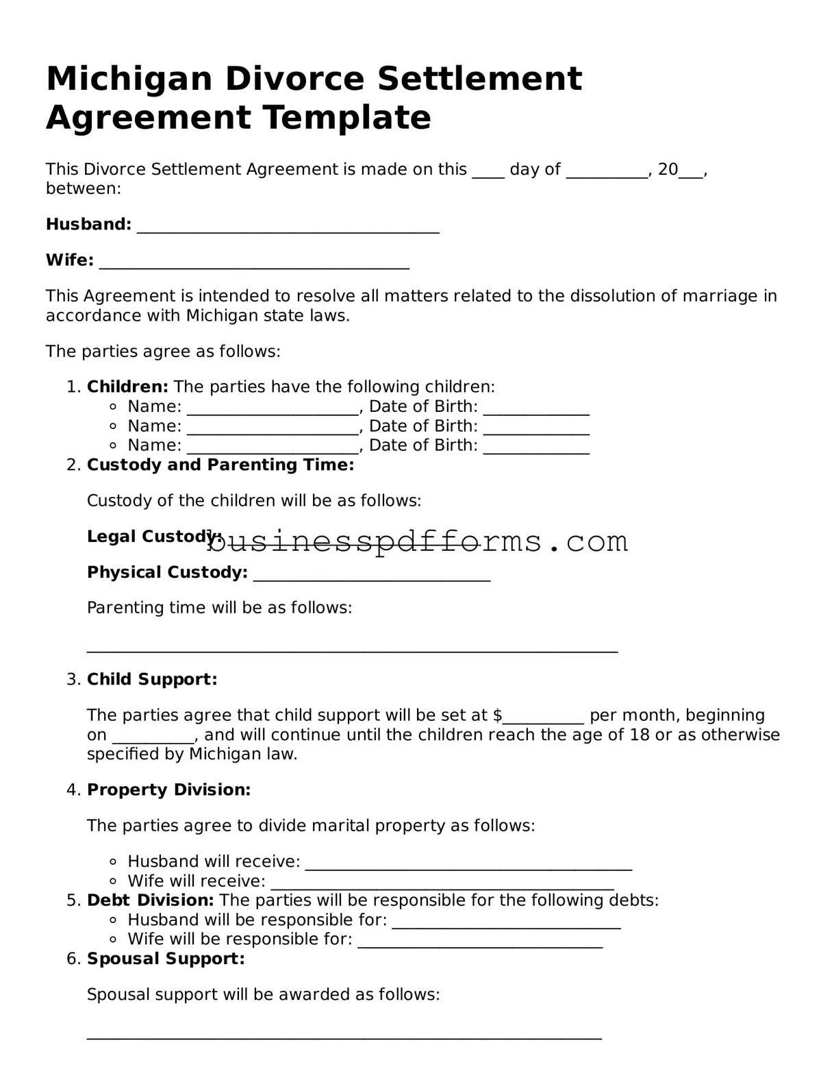 Free Michigan Divorce Settlement Agreement Template