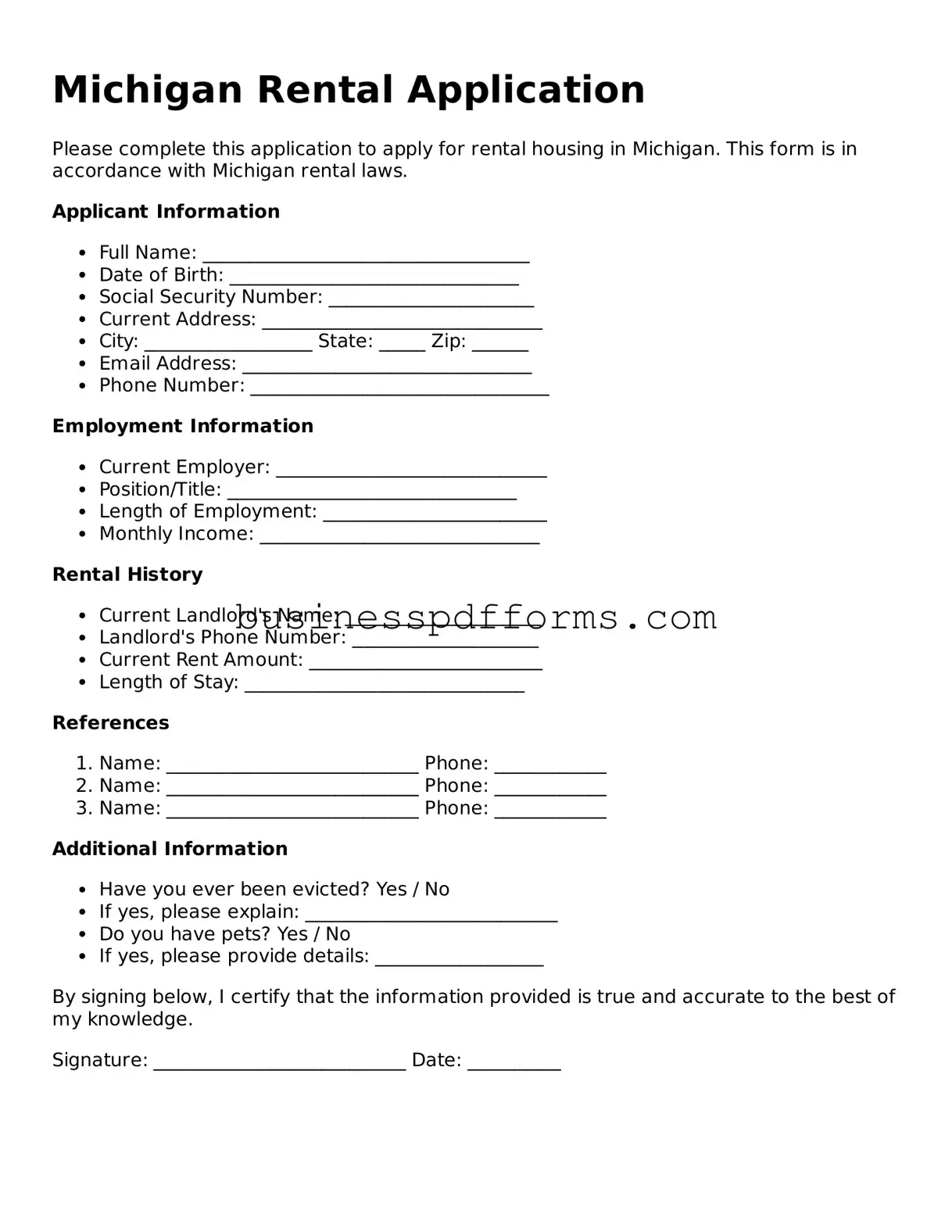 Free Michigan Rental Application Template