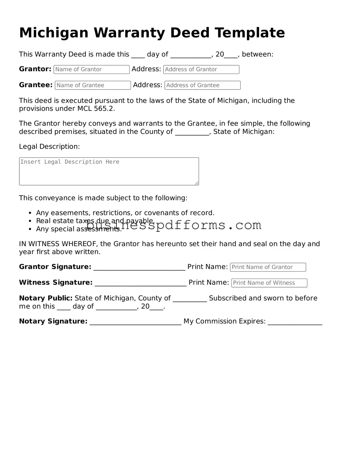 Free Michigan Deed Template