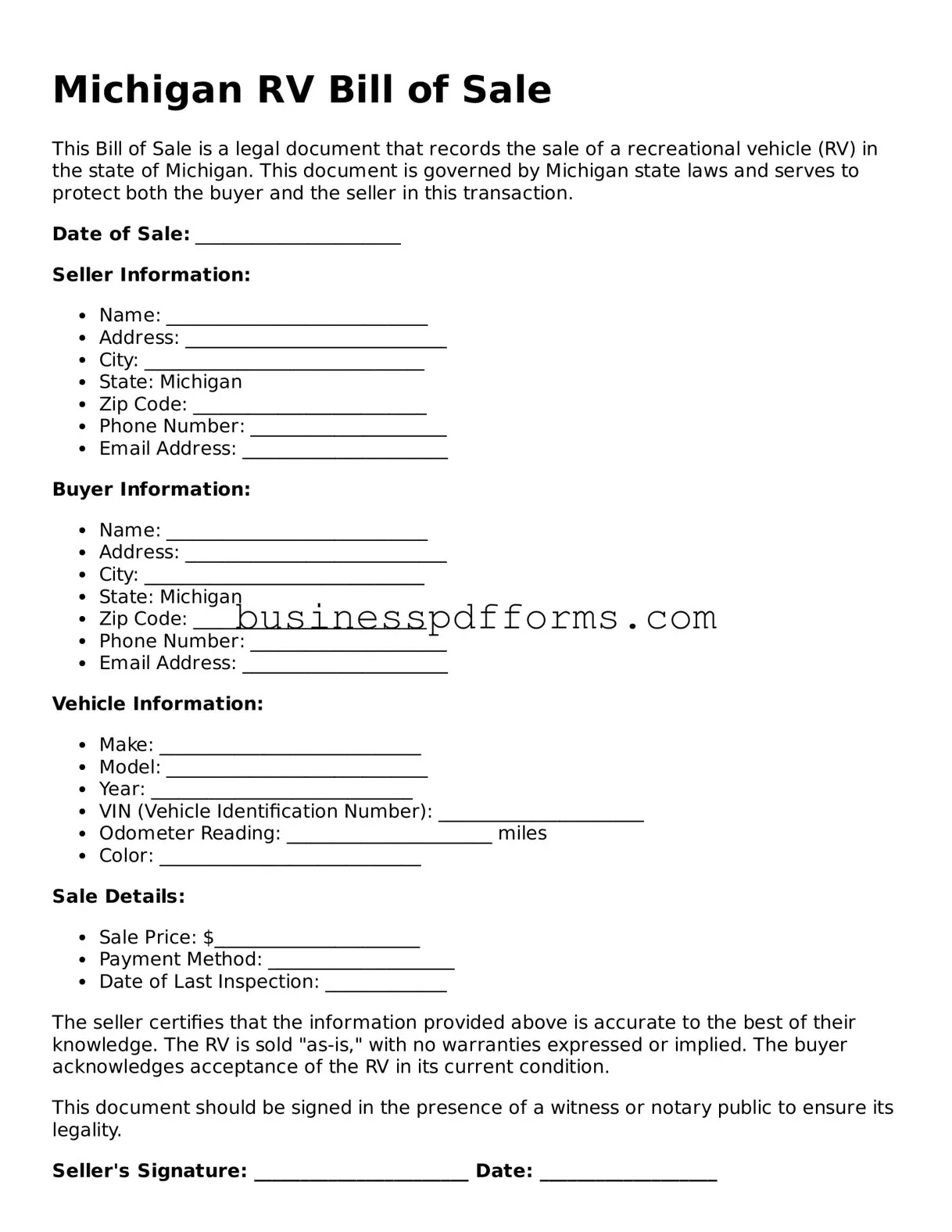 Free Michigan RV Bill of Sale Template