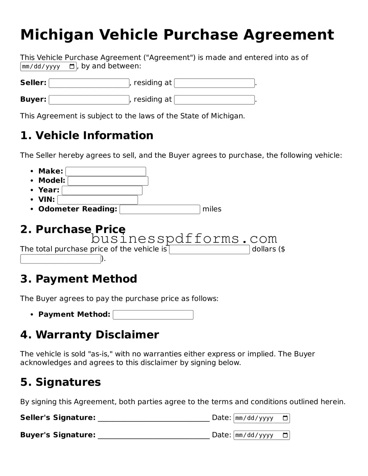 Free Michigan Vehicle Purchase Agreement Template