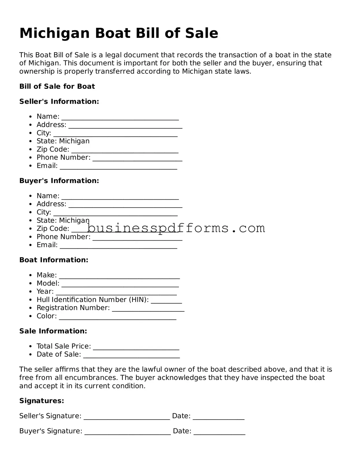 Free Michigan Boat Bill of Sale Template