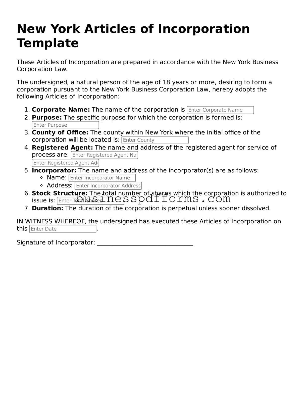 Free New York Articles of Incorporation Template