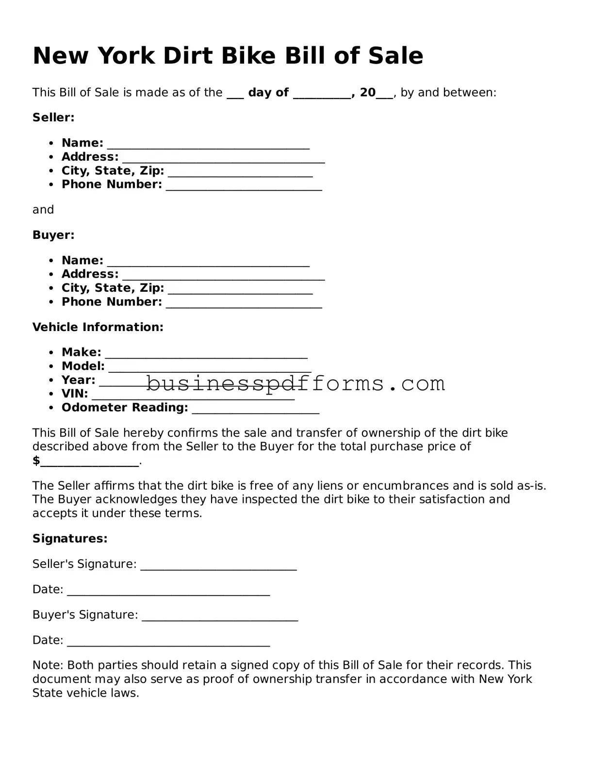 Free New York Dirt Bike Bill of Sale Template