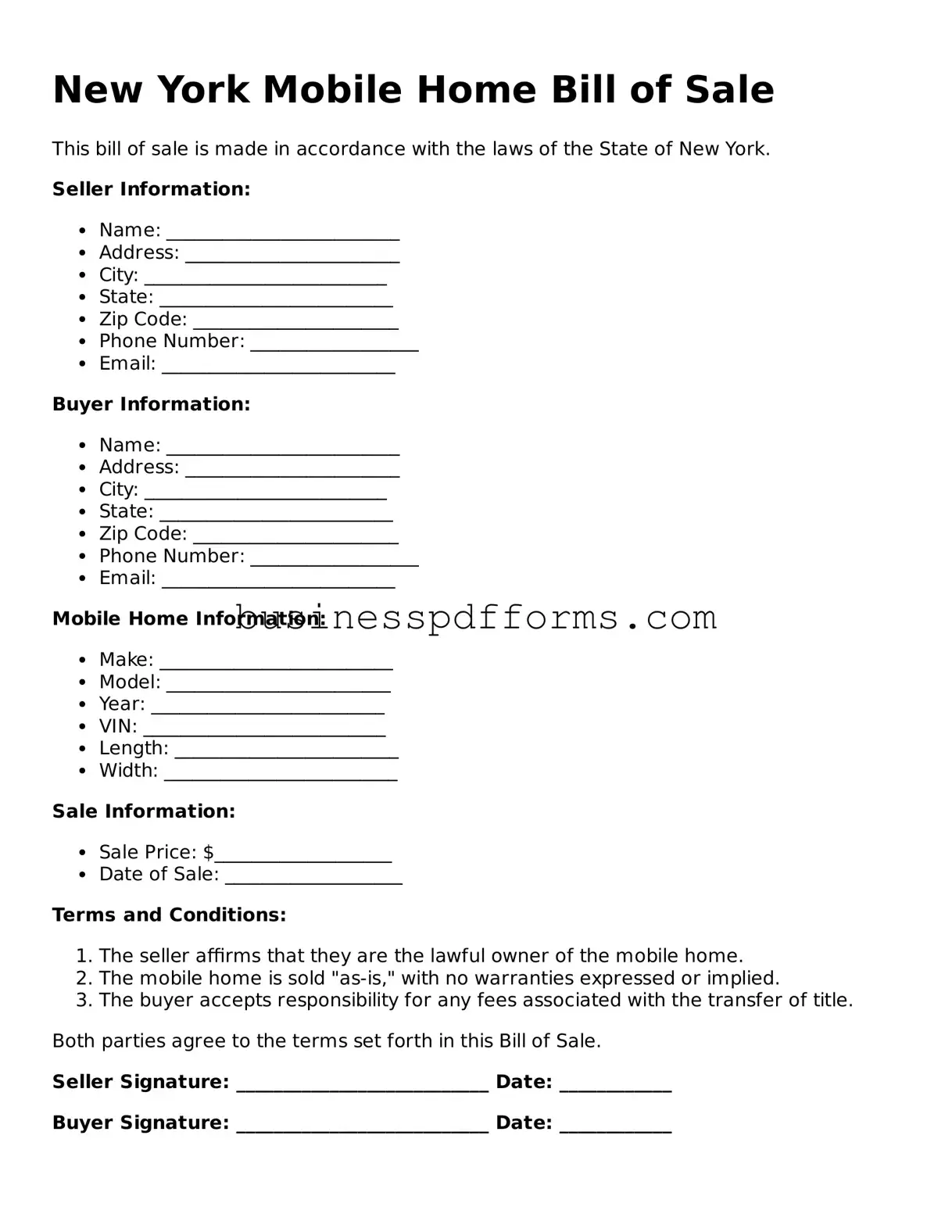 Free New York Mobile Home Bill of Sale Template