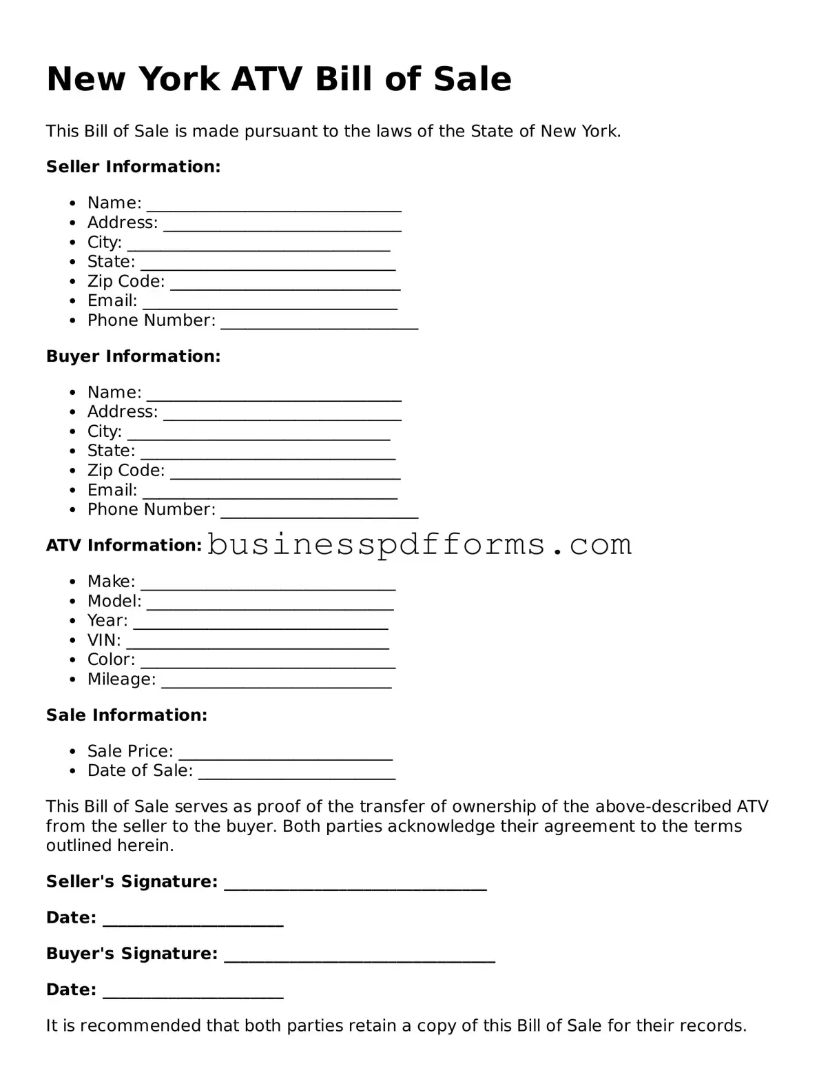 Free New York ATV Bill of Sale Template
