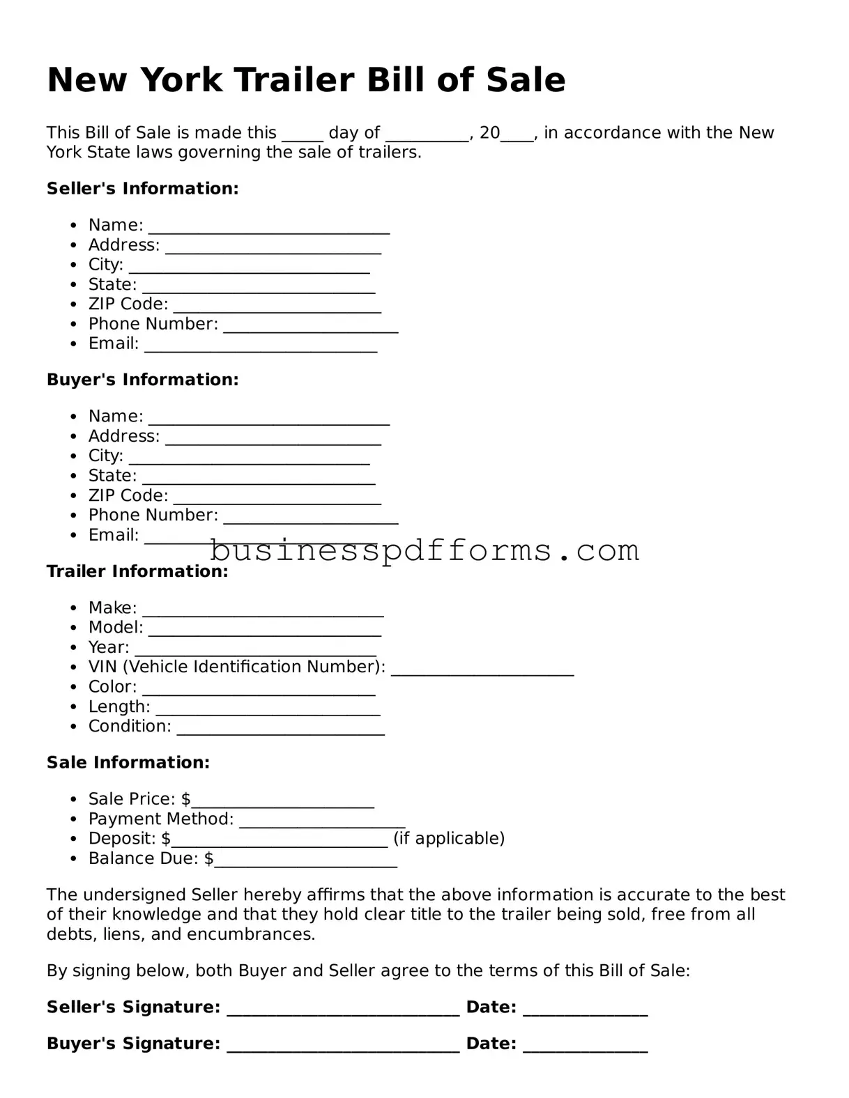 Free New York Trailer Bill of Sale Template