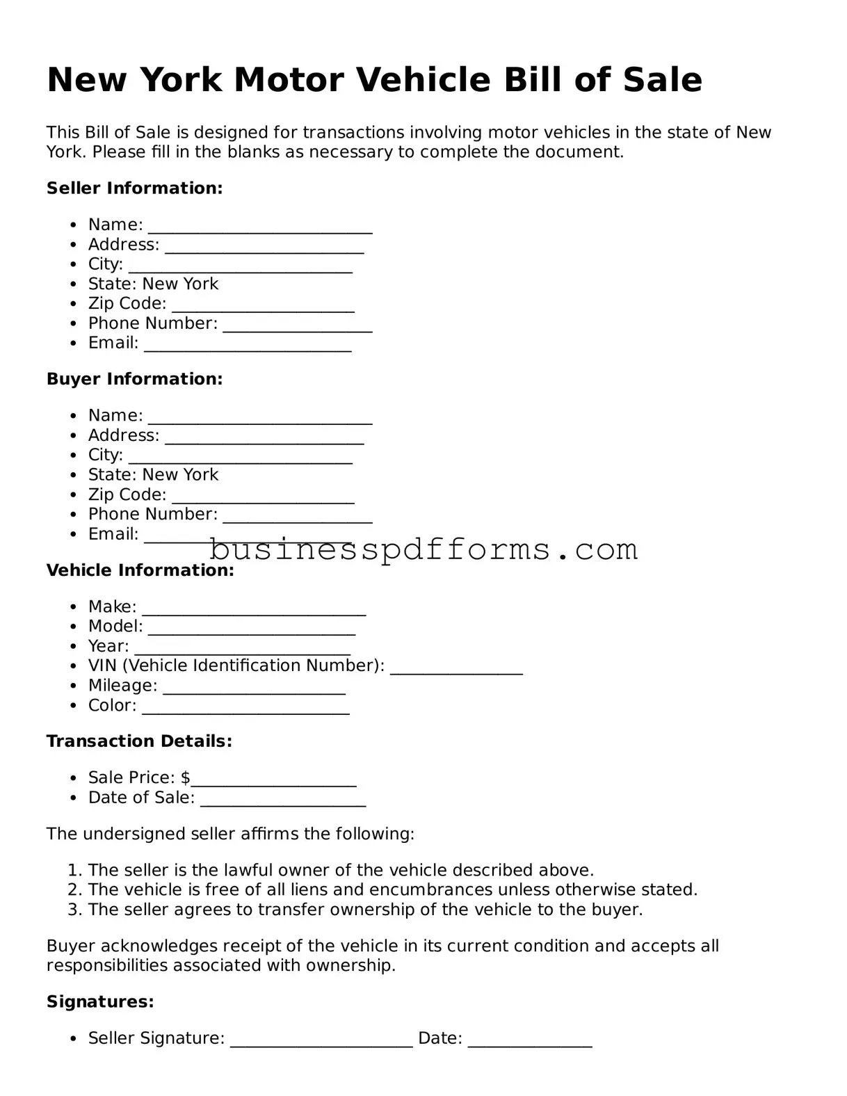 Free New York Motor Vehicle Bill of Sale Template