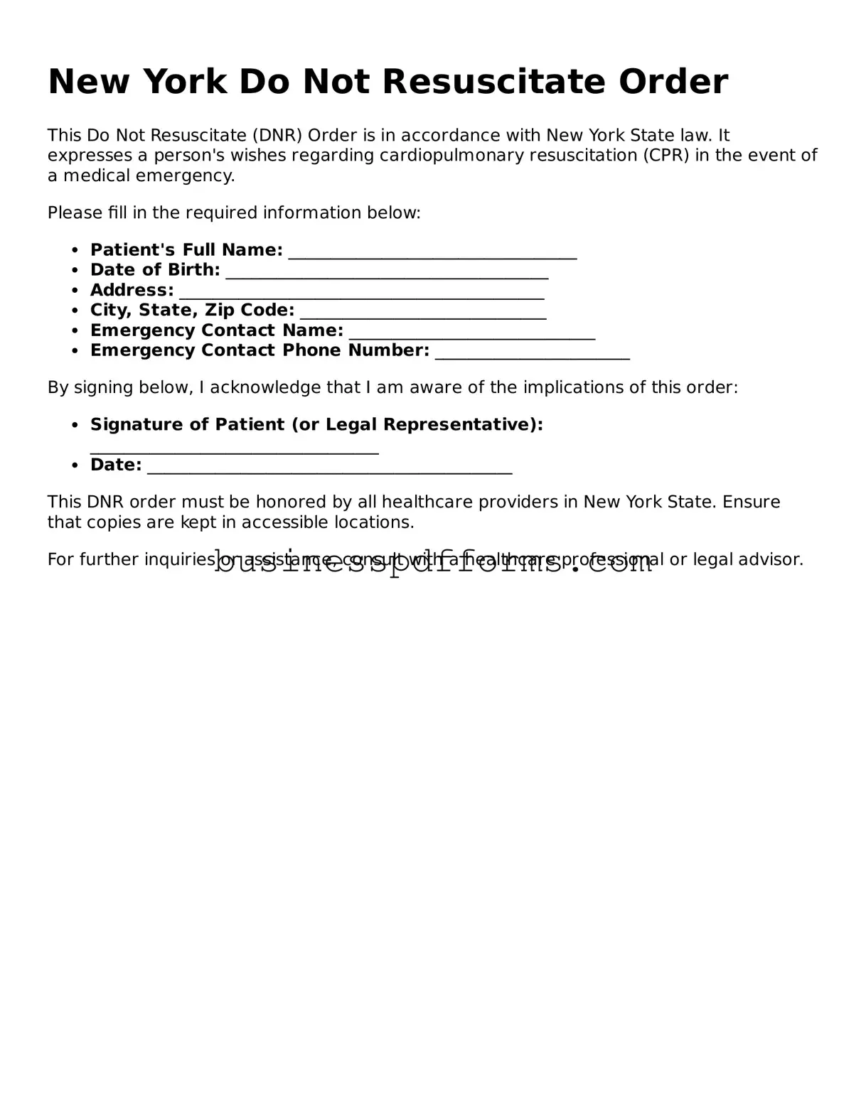 Free New York Do Not Resuscitate Order Template