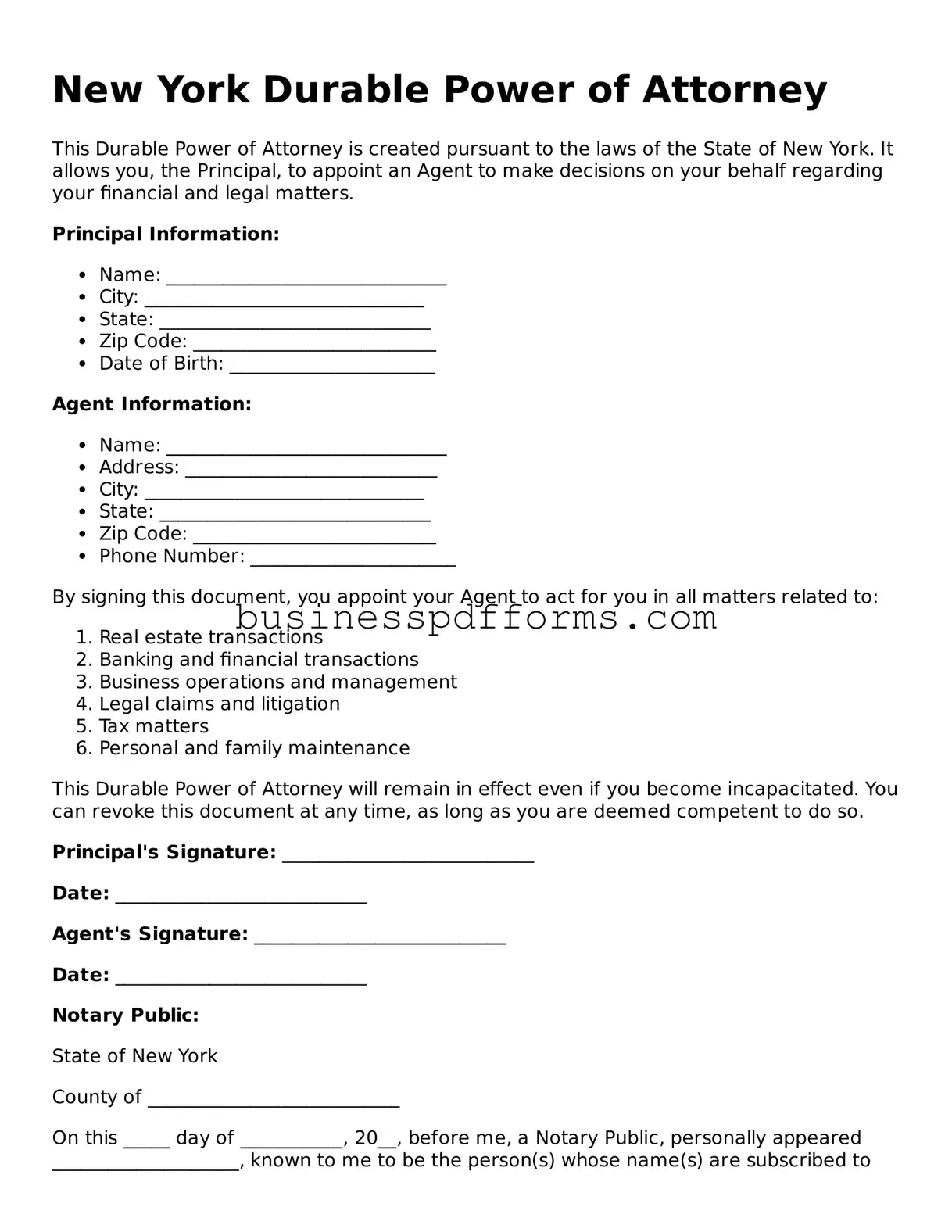 Free New York Durable Power of Attorney Template