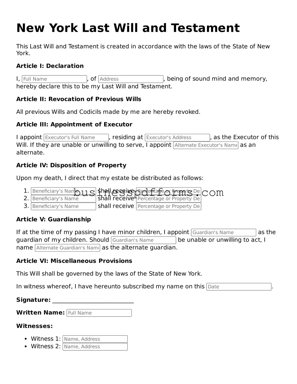 Free New York Last Will and Testament Template