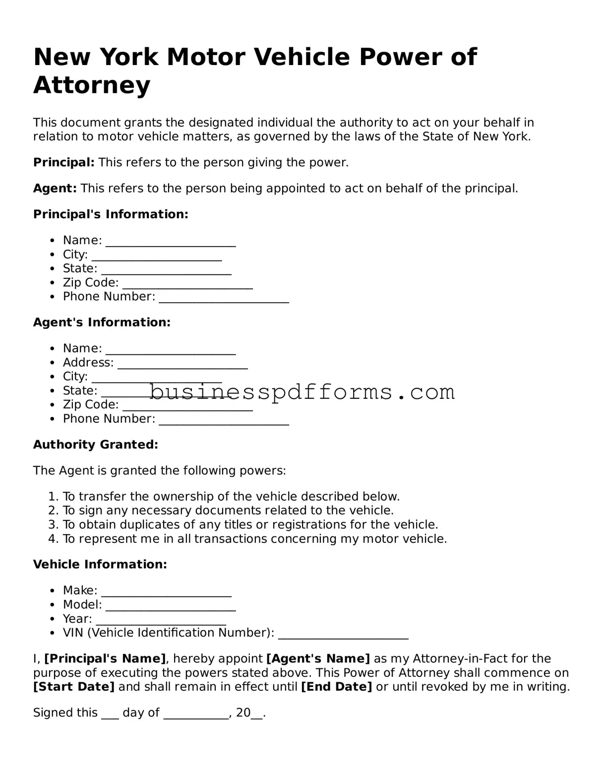 Free New York Motor Vehicle Power of Attorney Template