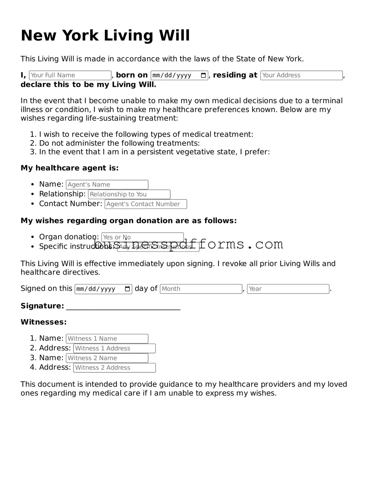 Free New York Living Will Template