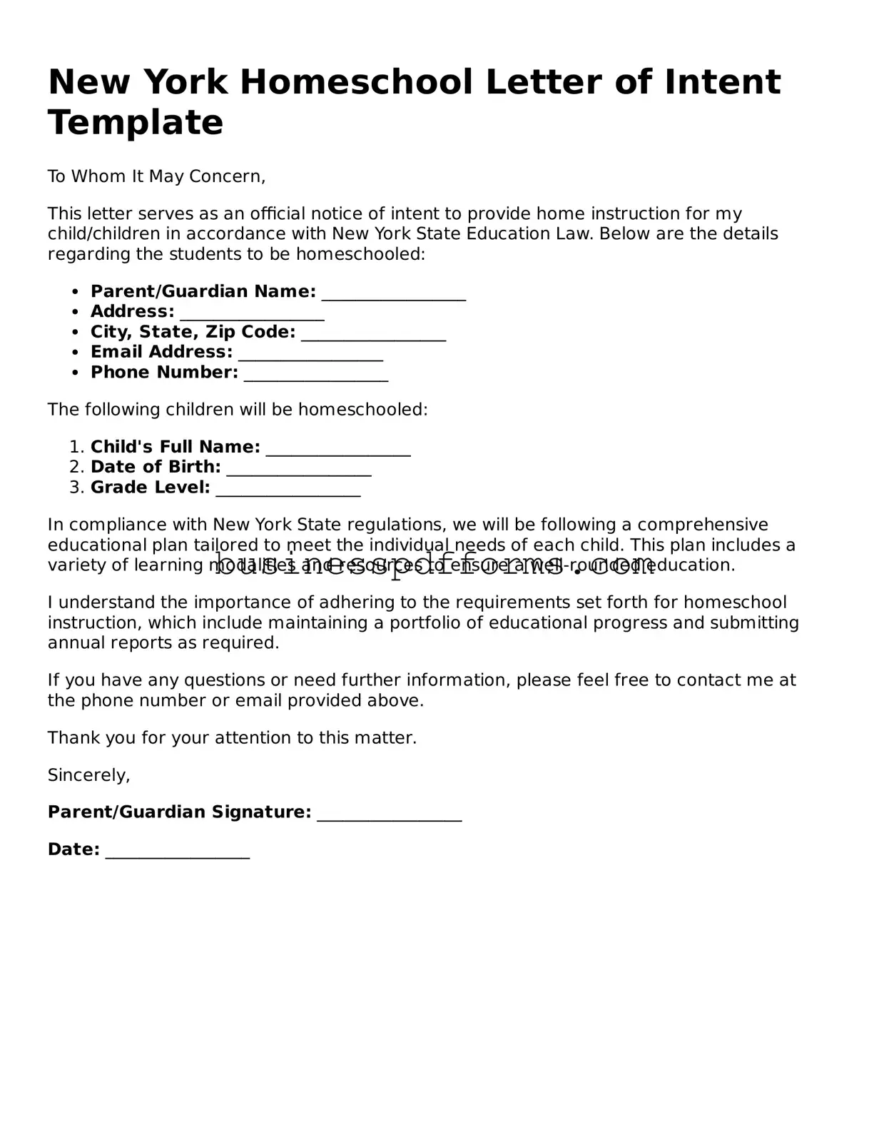 Free New York Homeschool Letter of Intent Template