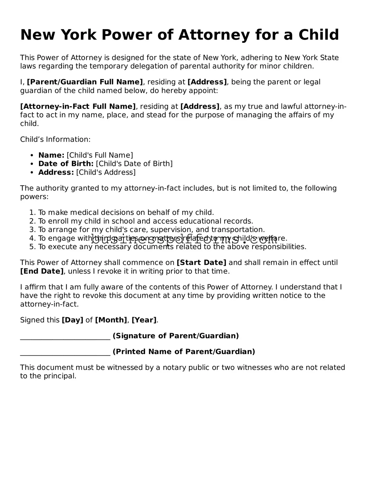 Free New York Power of Attorney for a Child Template