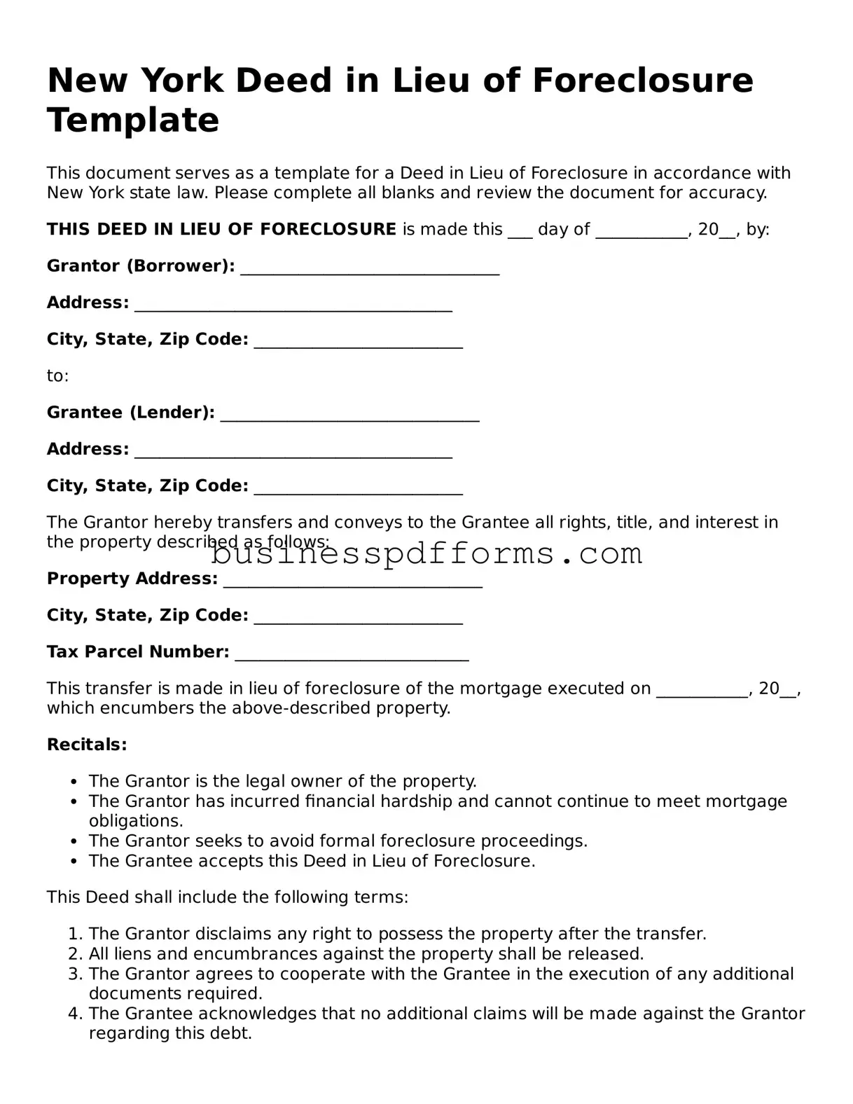 Free New York Deed in Lieu of Foreclosure Template