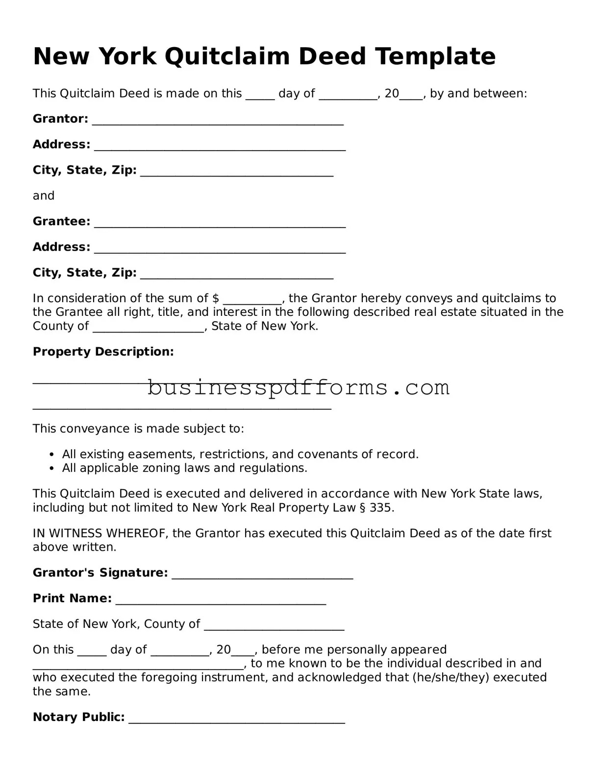 Free New York Quitclaim Deed Template