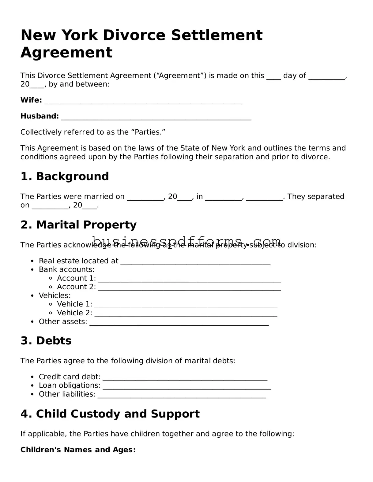 Free New York Divorce Settlement Agreement Template