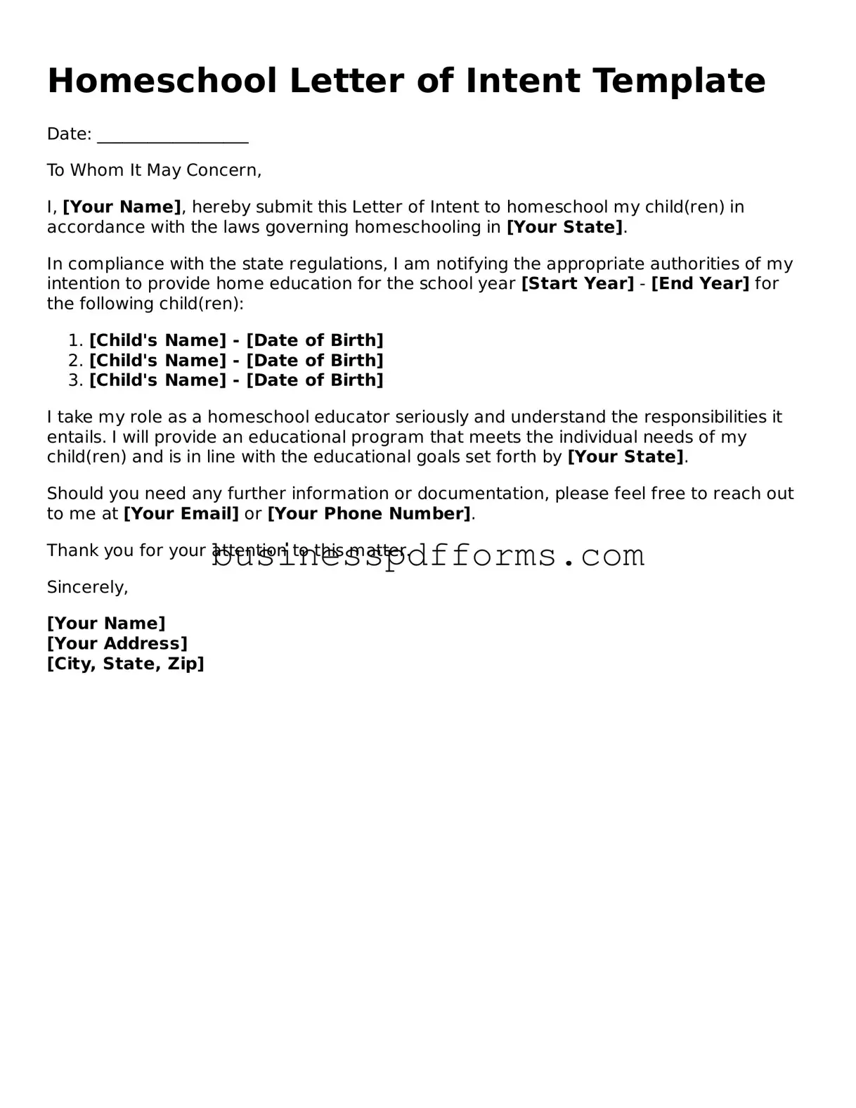 Attorney-Verified Homeschool Letter of Intent Template