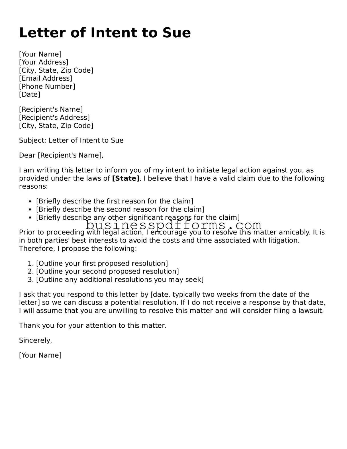 Attorney-Verified Letter of Intent to Sue Template