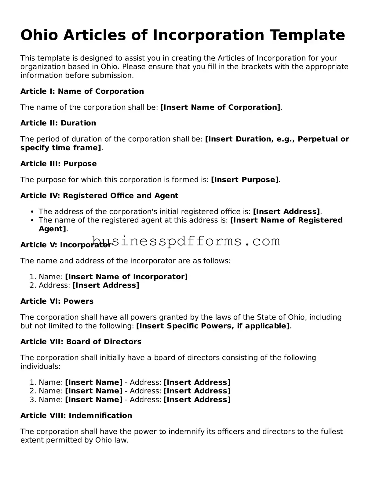 Free Ohio Articles of Incorporation Template