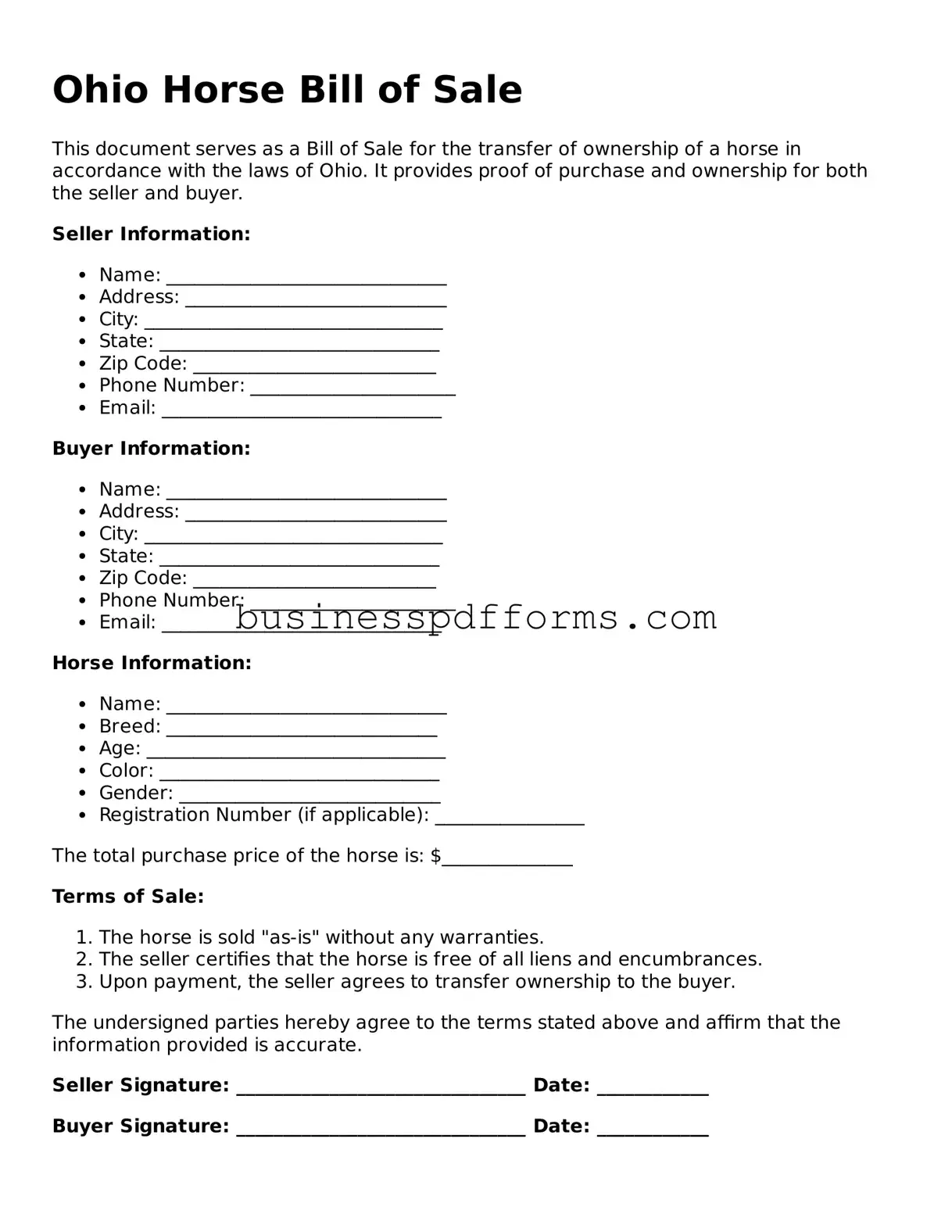 Free Ohio Horse Bill of Sale Template
