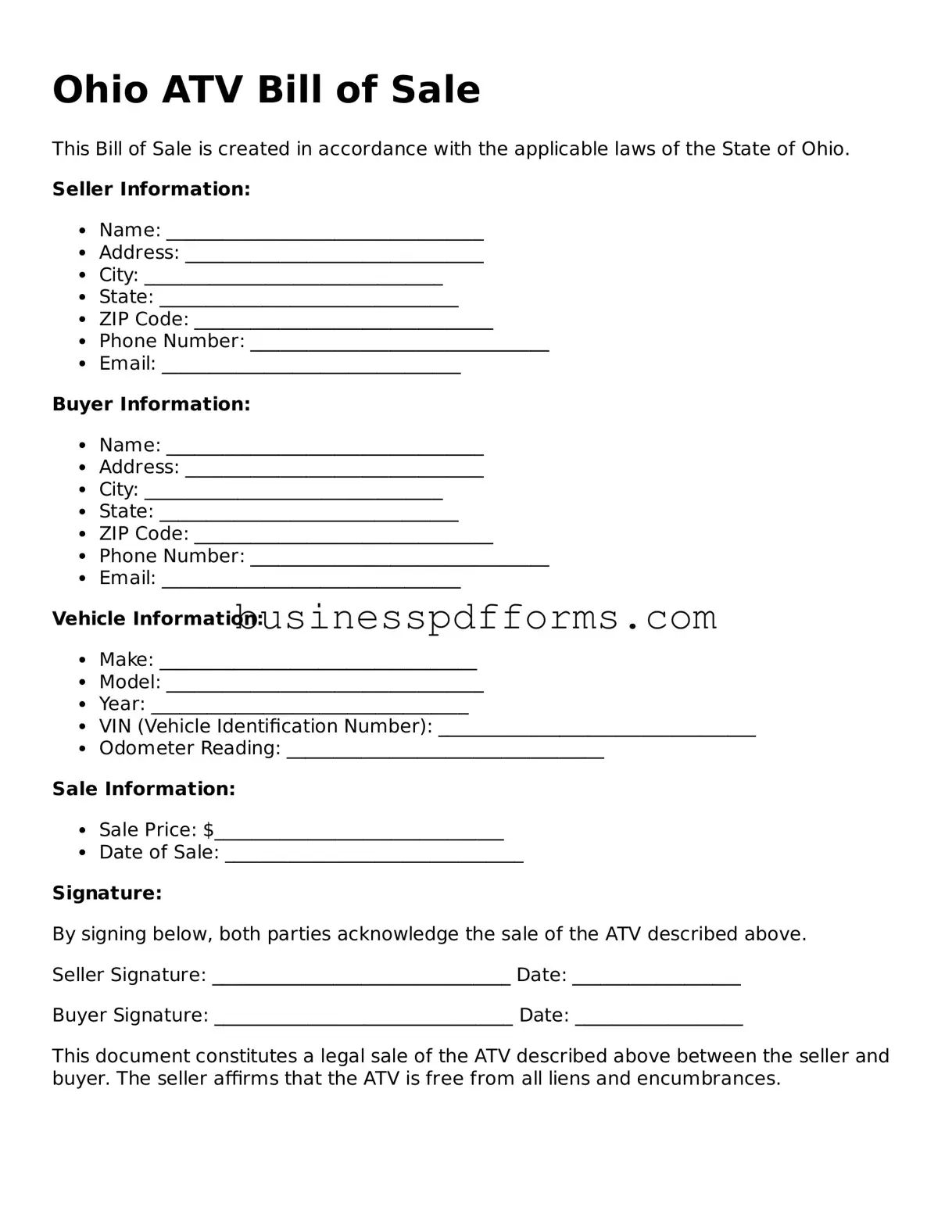 Free Ohio ATV Bill of Sale Template