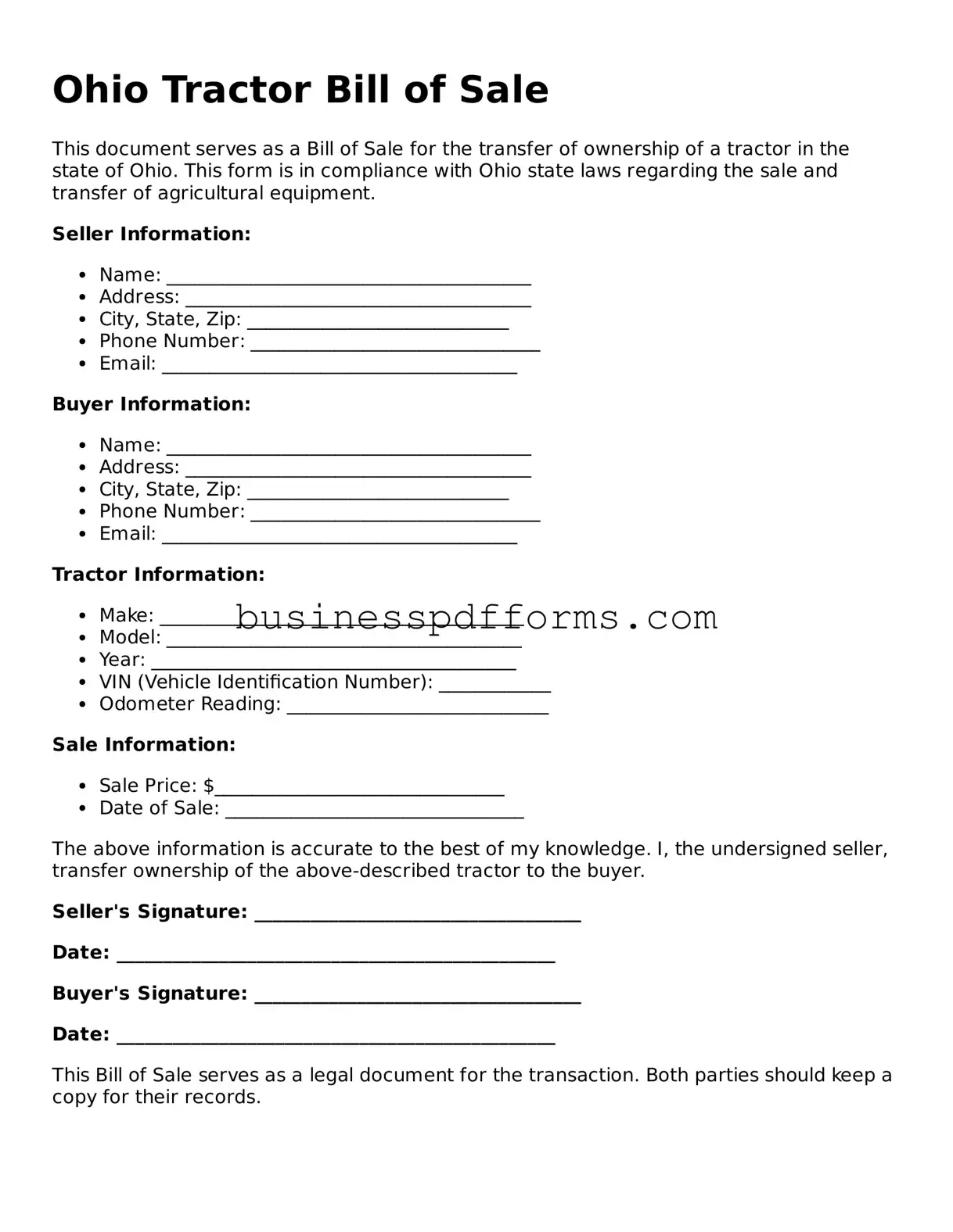 Free Ohio Tractor Bill of Sale Template