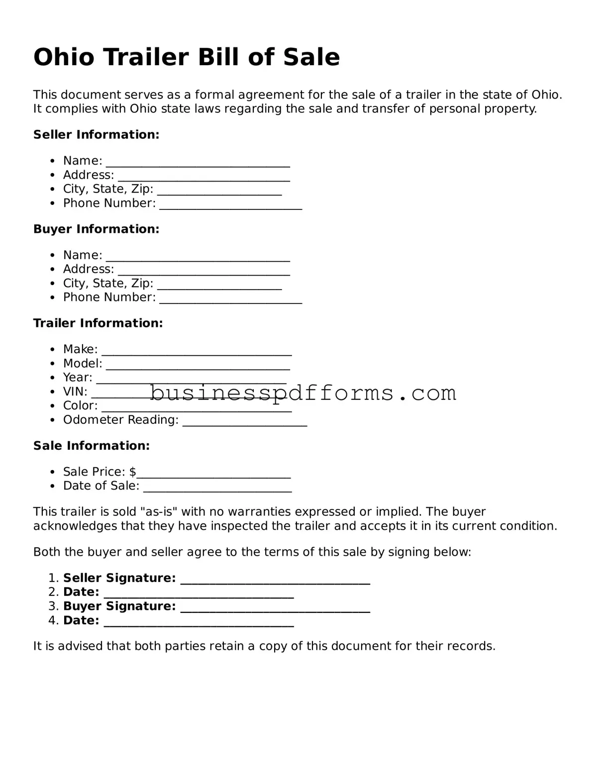 Free Ohio Trailer Bill of Sale Template