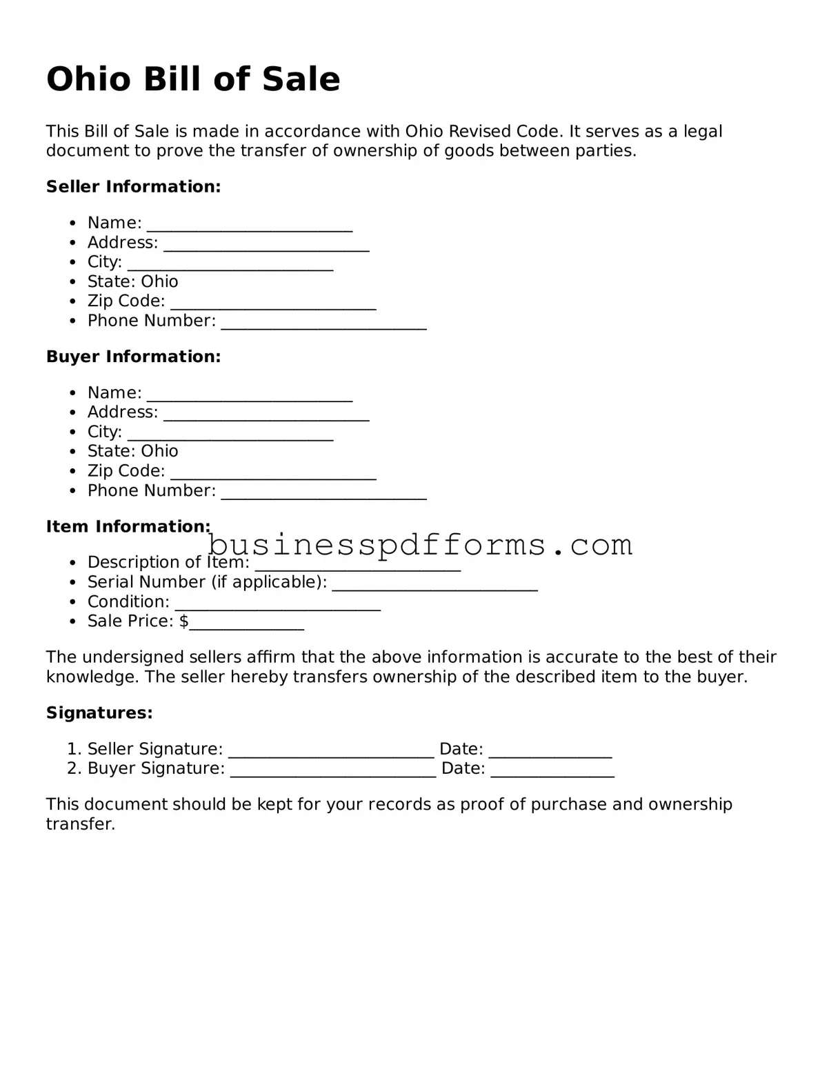 Free Ohio Bill of Sale Template